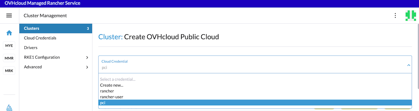 OVHcloud Managed Rancher Service Create Kubernetes PCI