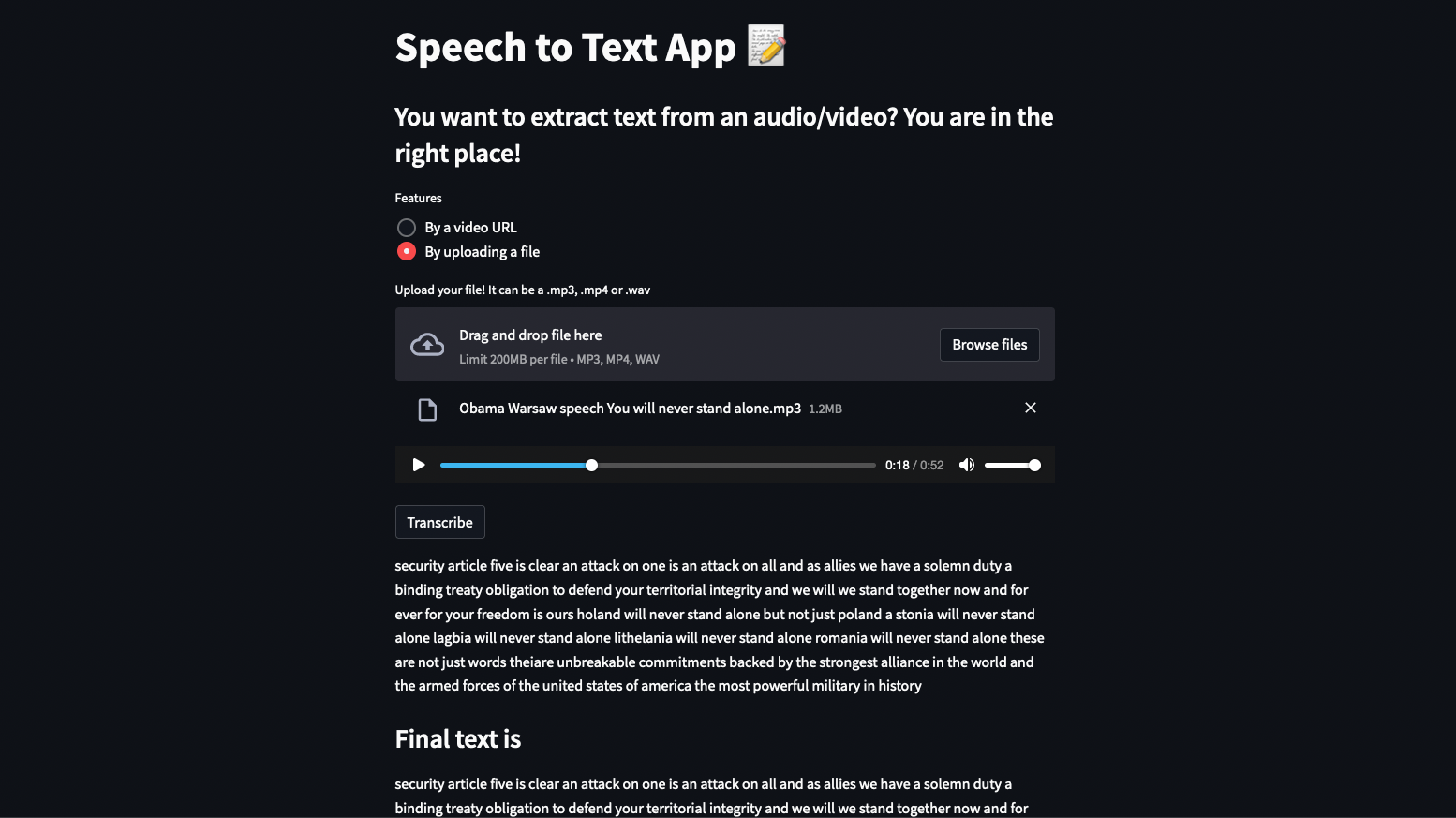speech to text streamlit application without css